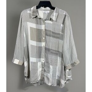 Rose + Olive Womens Mixed Print Button Up Top Size 1X Cream Tan 3/4 Sleeve